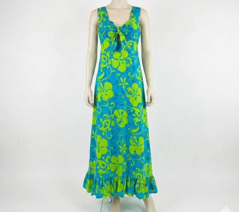 VTG Sears Hawaiian Fashions Dress 60s 70s  Tiki Aloha Hippy Mod green blue 16